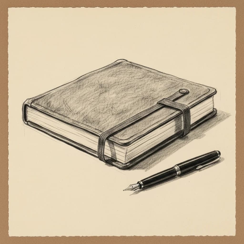 Charcoal drawing of an open leather notebook beside a fountain pen on a plain surface