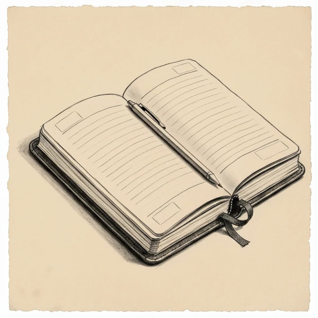Charcoal drawing of an open day planner with a pencil resting across blank ruled pages