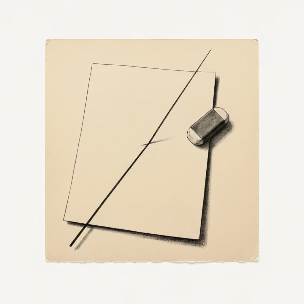 Charcoal drawing of a single diagonal line across a blank sheet of paper with a worn eraser resting nearby