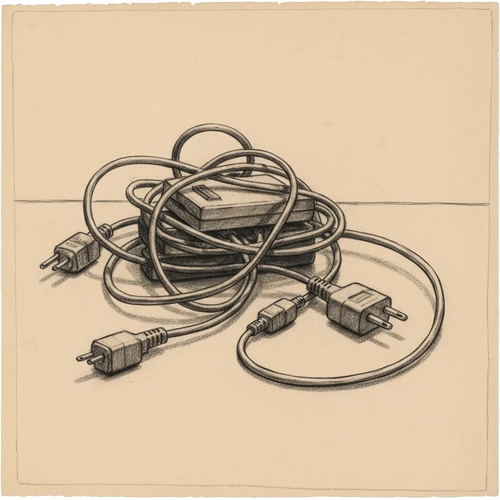 Charcoal drawing of a tangled pile of cables and connectors on a flat surface