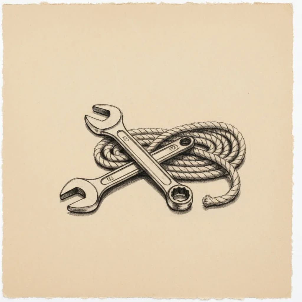 Charcoal drawing of a small wrench resting beside a coiled rope