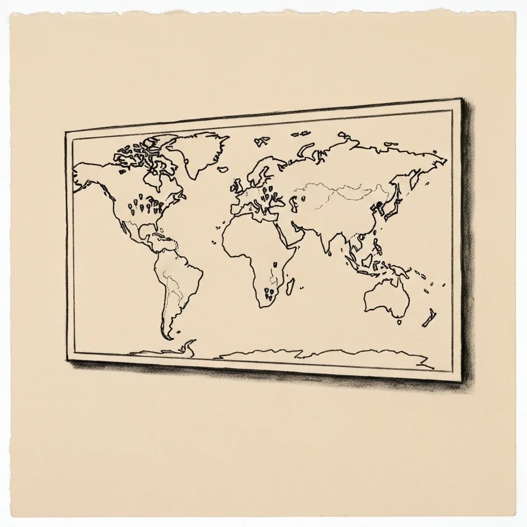Charcoal drawing of a world map on a wall with scattered pin markers clustered in certain regions
