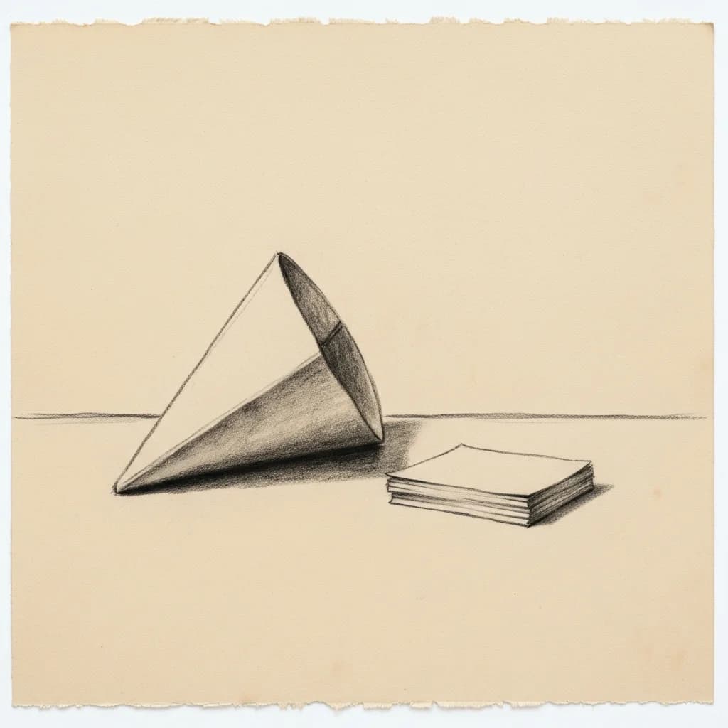 Charcoal drawing of a paper funnel beside a stack of blank index cards on a bare desk