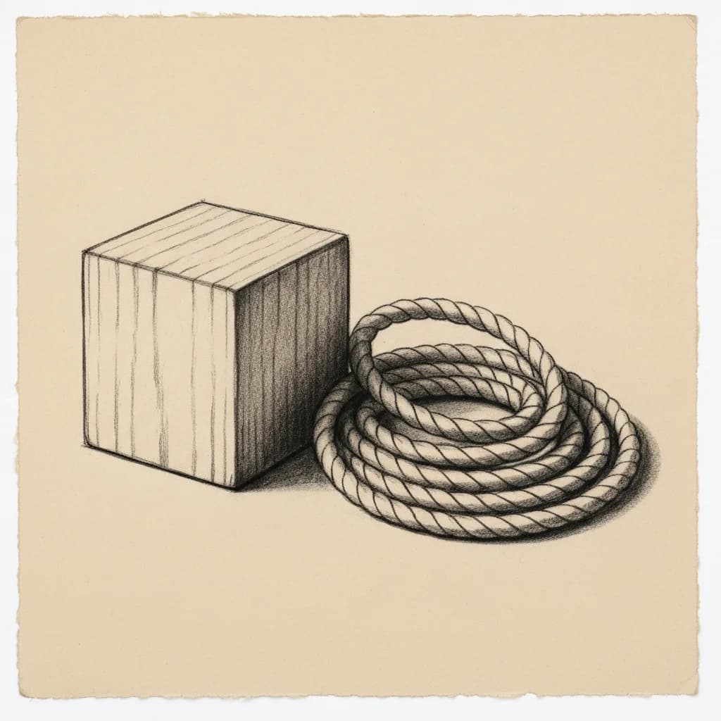 Charcoal drawing of a small wooden cube placed beside a coiled rope