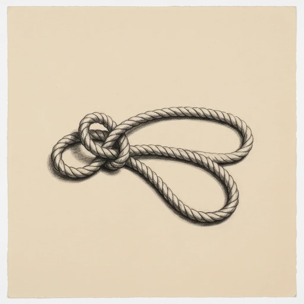 Charcoal drawing of a knotted rope beside a loose untied rope end