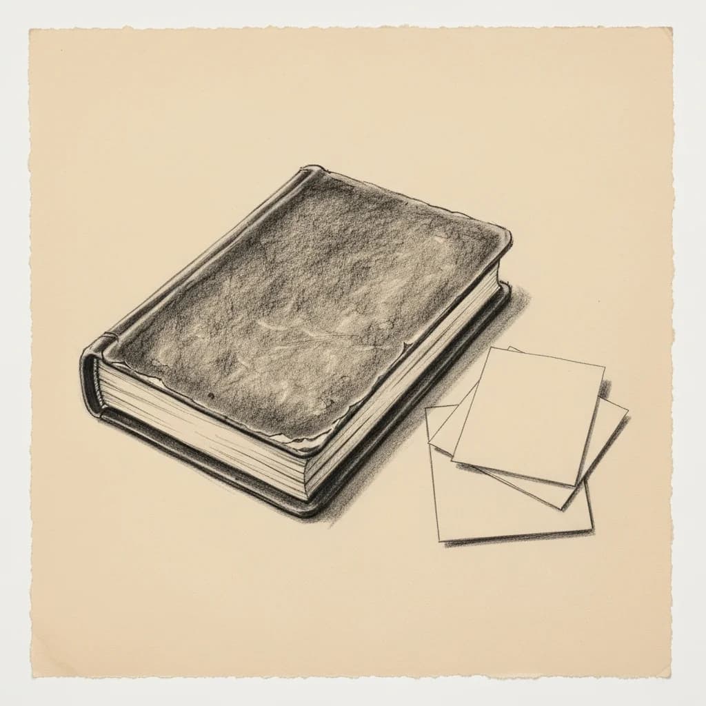 Charcoal drawing of an open leather journal beside a small stack of blank paper cards