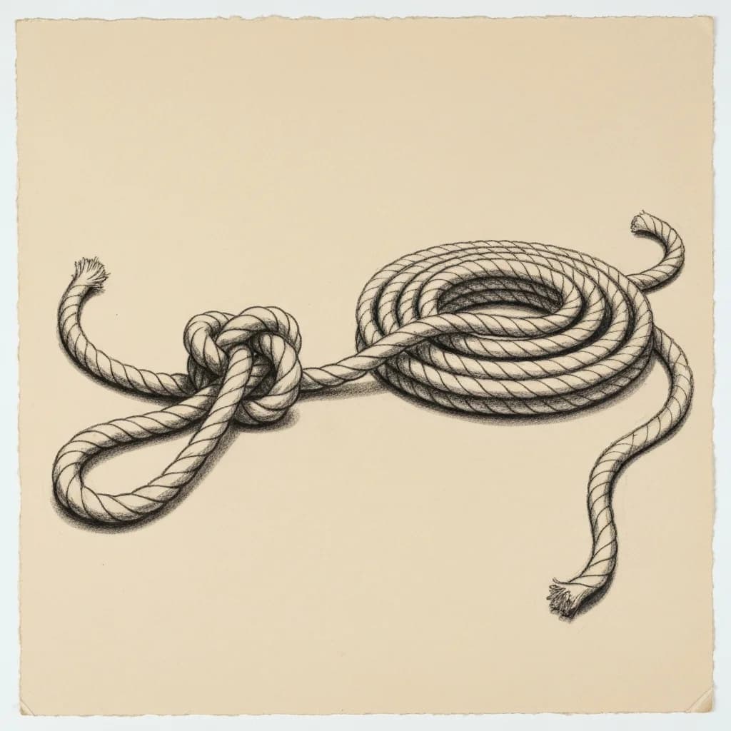 Charcoal drawing of a knotted rope beside a loose coiled rope