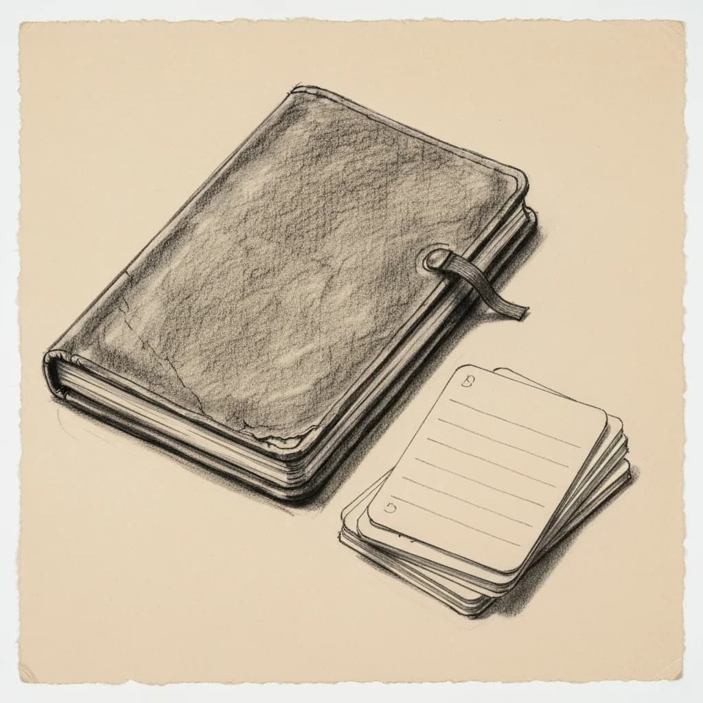 Charcoal drawing of an open notebook beside a stack of index cards with pencil lines