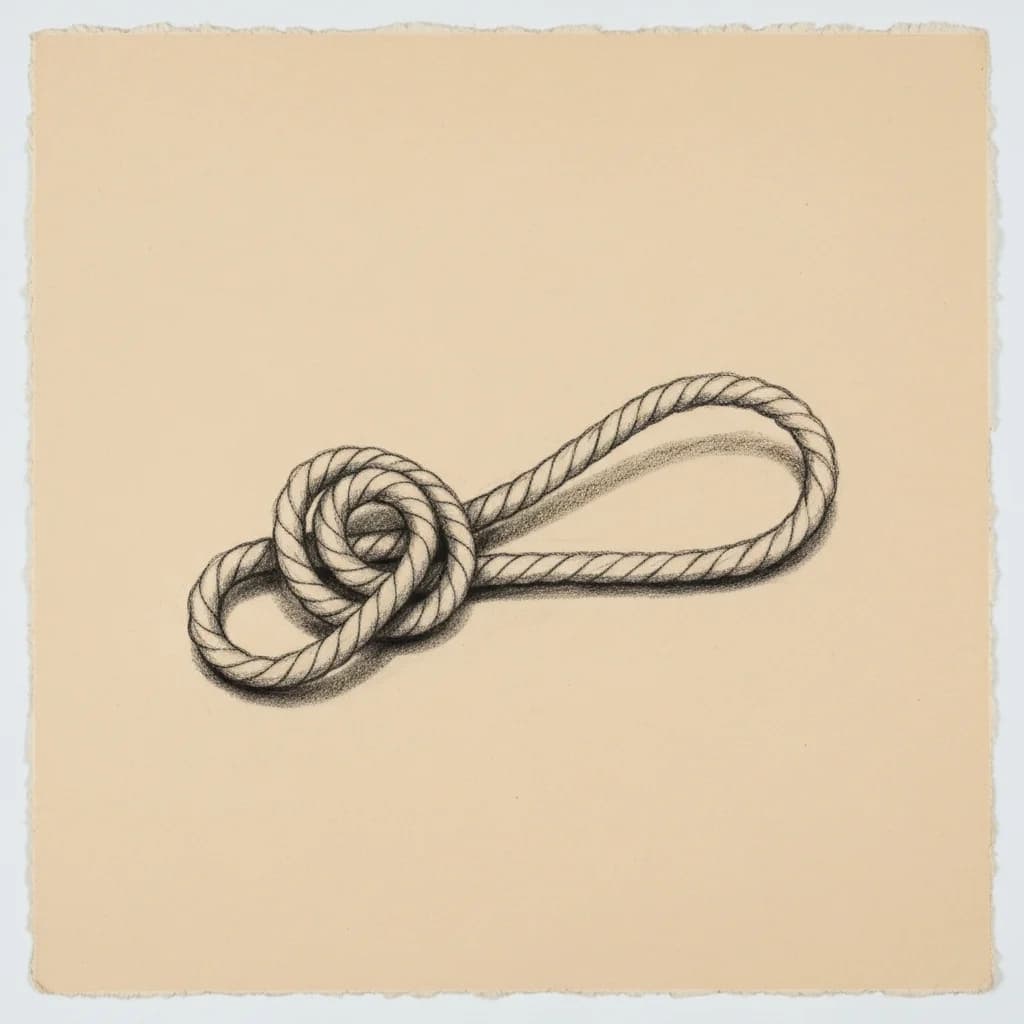 Charcoal drawing of a tied knot next to a loose untied rope end