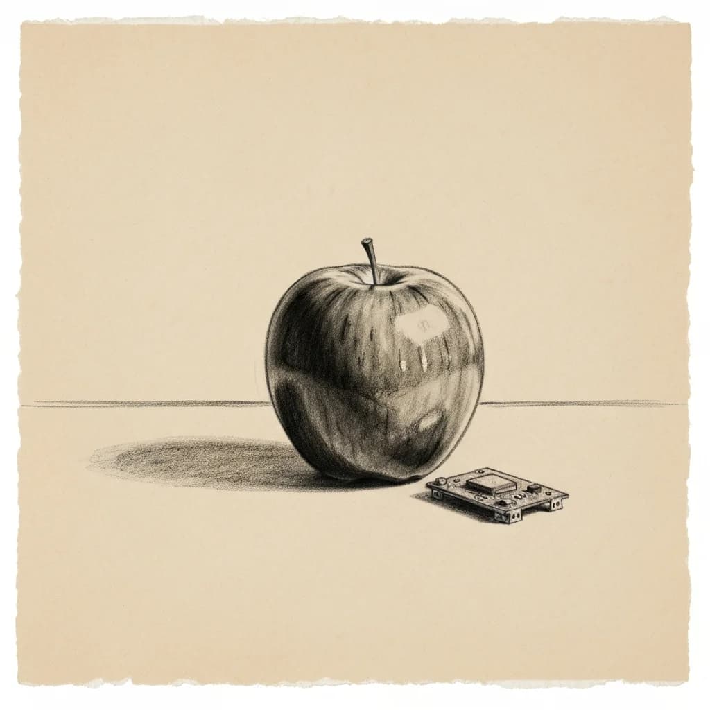 Charcoal drawing of a polished apple beside a small circuit board