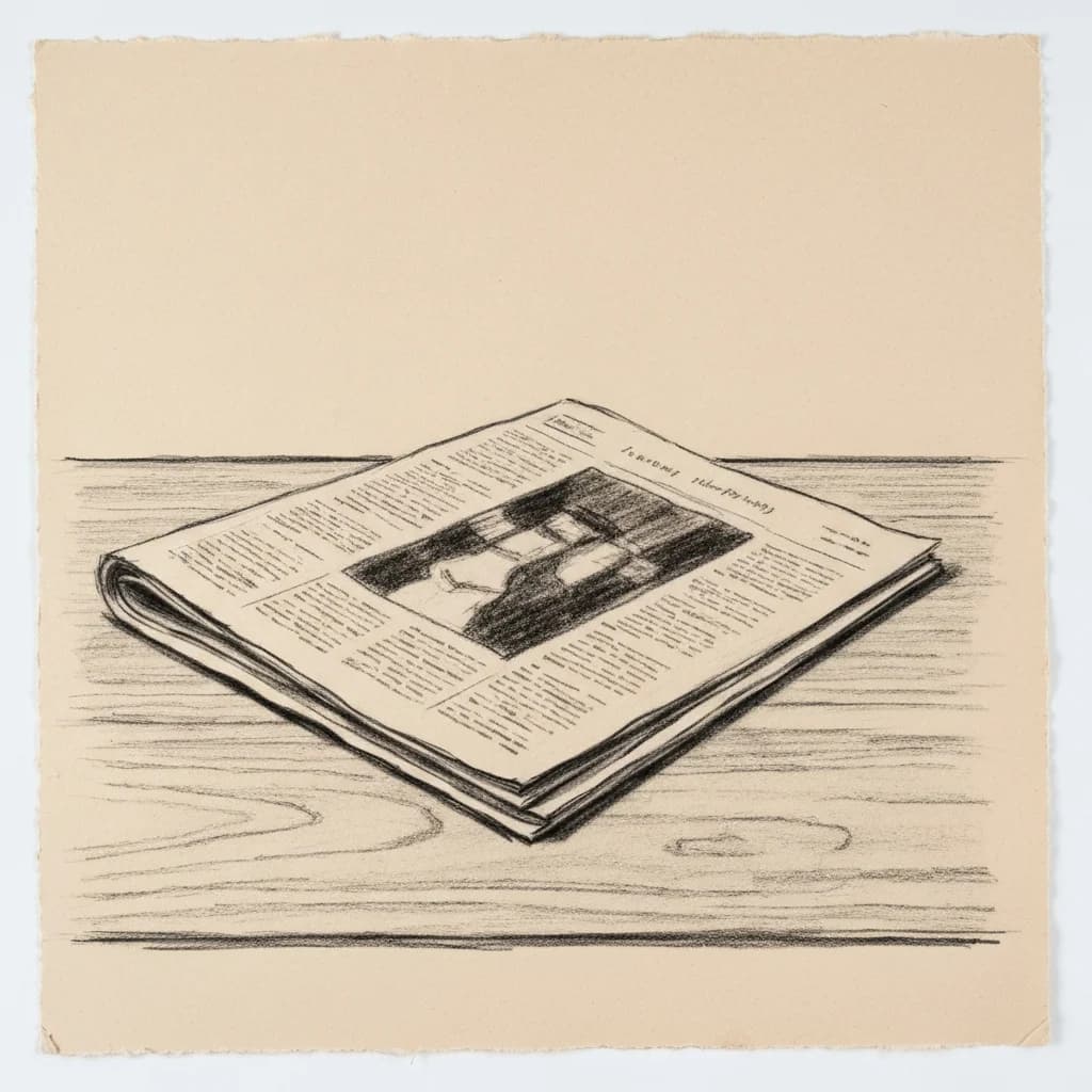 Charcoal drawing of a folded newspaper lying open on a wooden table