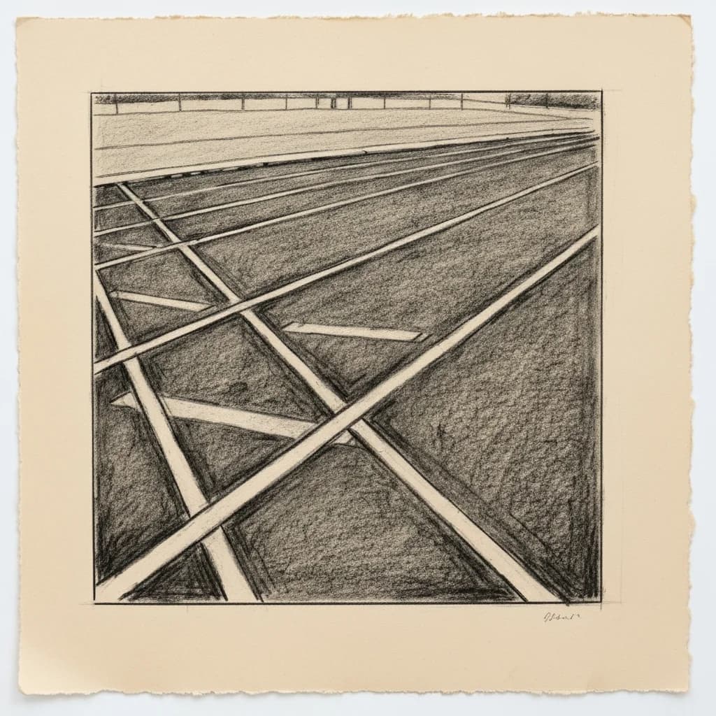 Charcoal drawing of a worn running track surface with faded painted lane lines