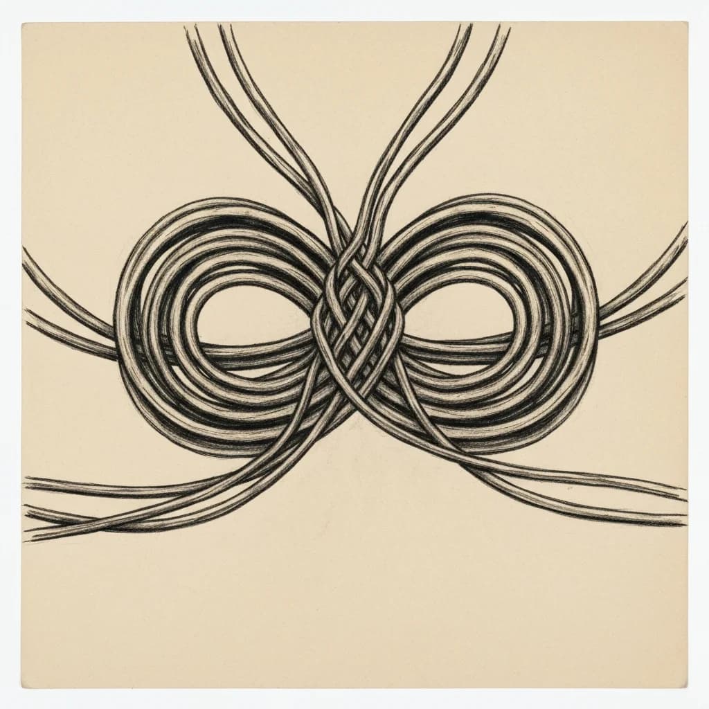 Charcoal drawing of a dense web of thin wires converging at a central junction point