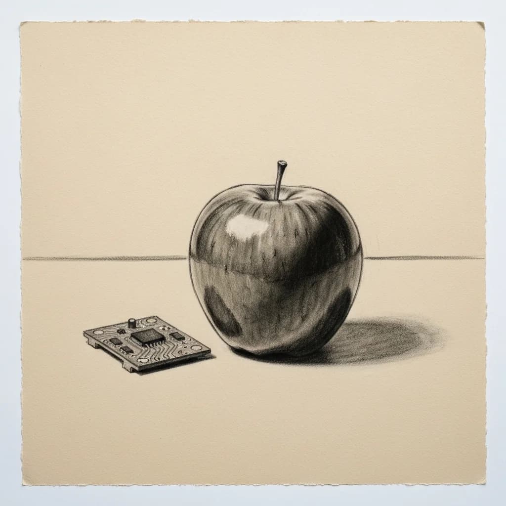 Charcoal drawing of a polished apple resting beside a circuit board on a flat surface