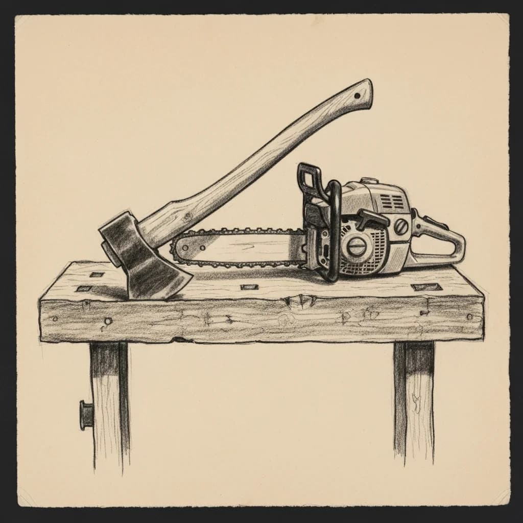 Charcoal drawing of an axe and a chainsaw resting side by side on a workbench