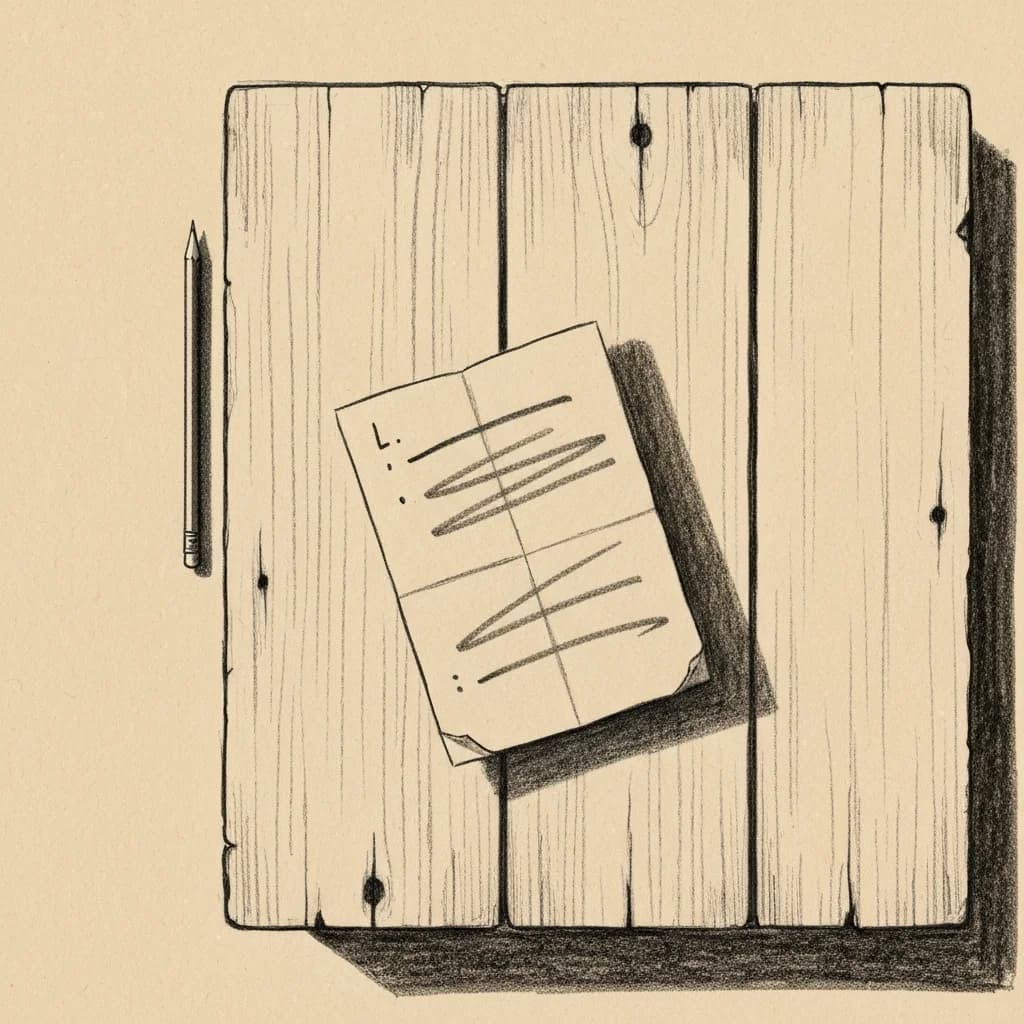 Charcoal drawing of a wooden desk from above with a folded sheet of paper bearing abstract gestural marks and a pencil resting at its edge