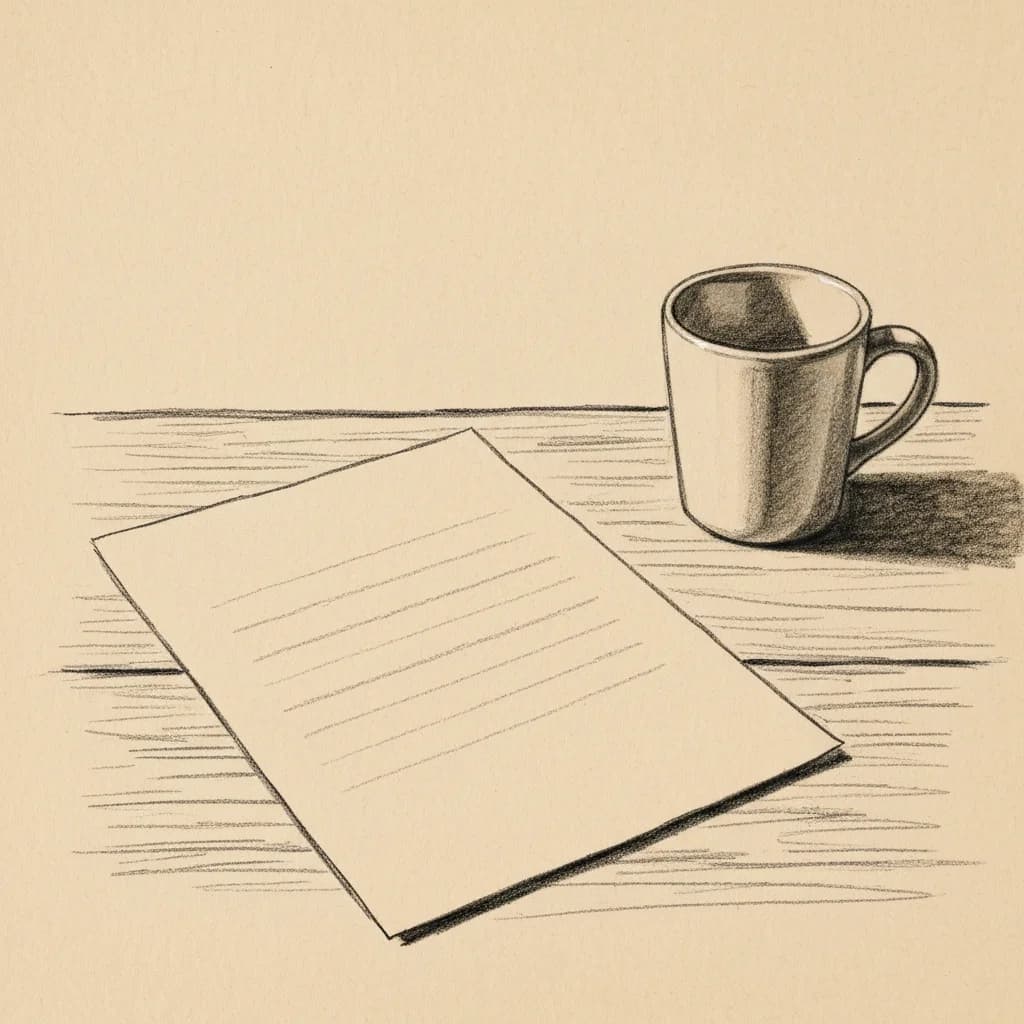 Charcoal drawing of a worn desk surface with a blank sheet of paper and a ceramic mug, rendered in black charcoal on cream paper