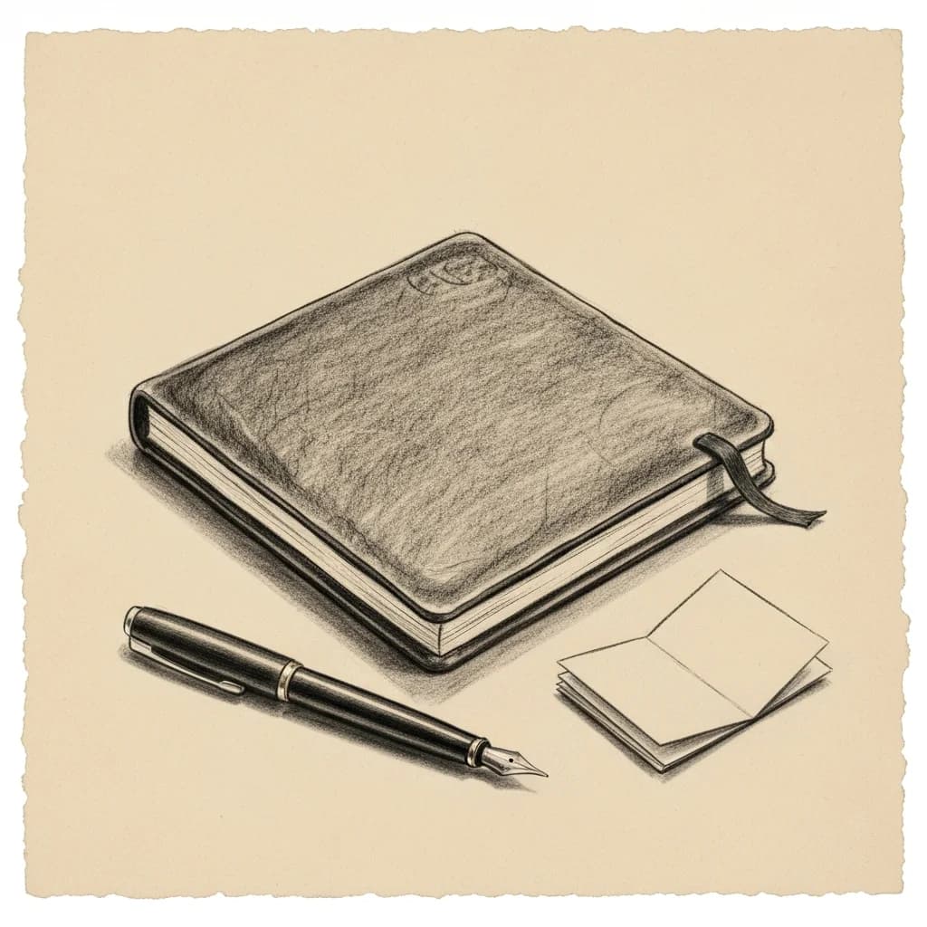 Charcoal drawing of an open leather notebook beside a fountain pen with a stack of blank folded papers