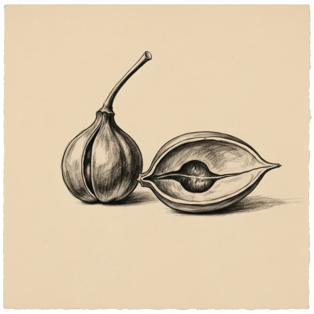 Charcoal drawing of a closed seedpod beside a split-open seedpod on a plain surface