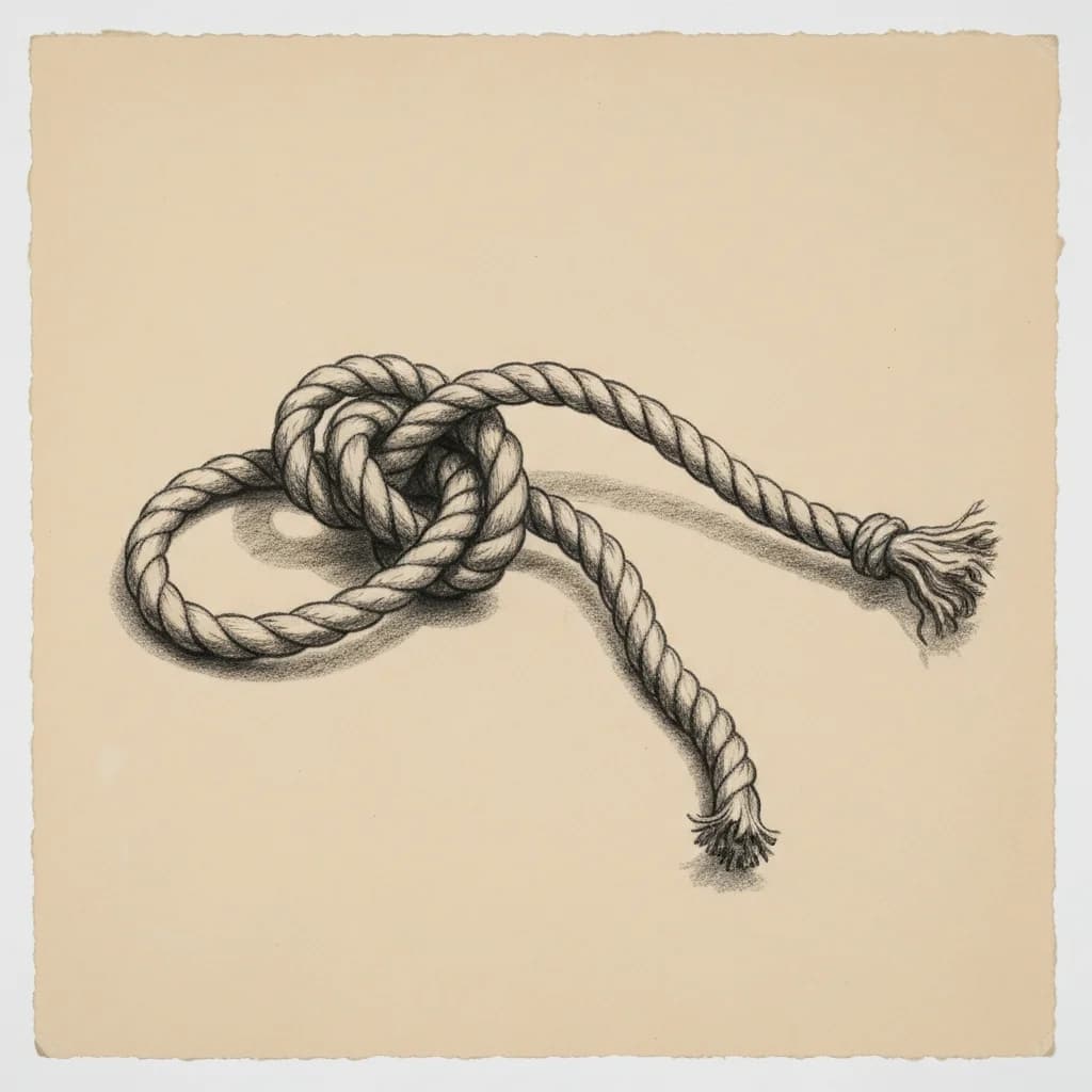 Charcoal drawing of a knotted rope beside a frayed rope end on a plain surface