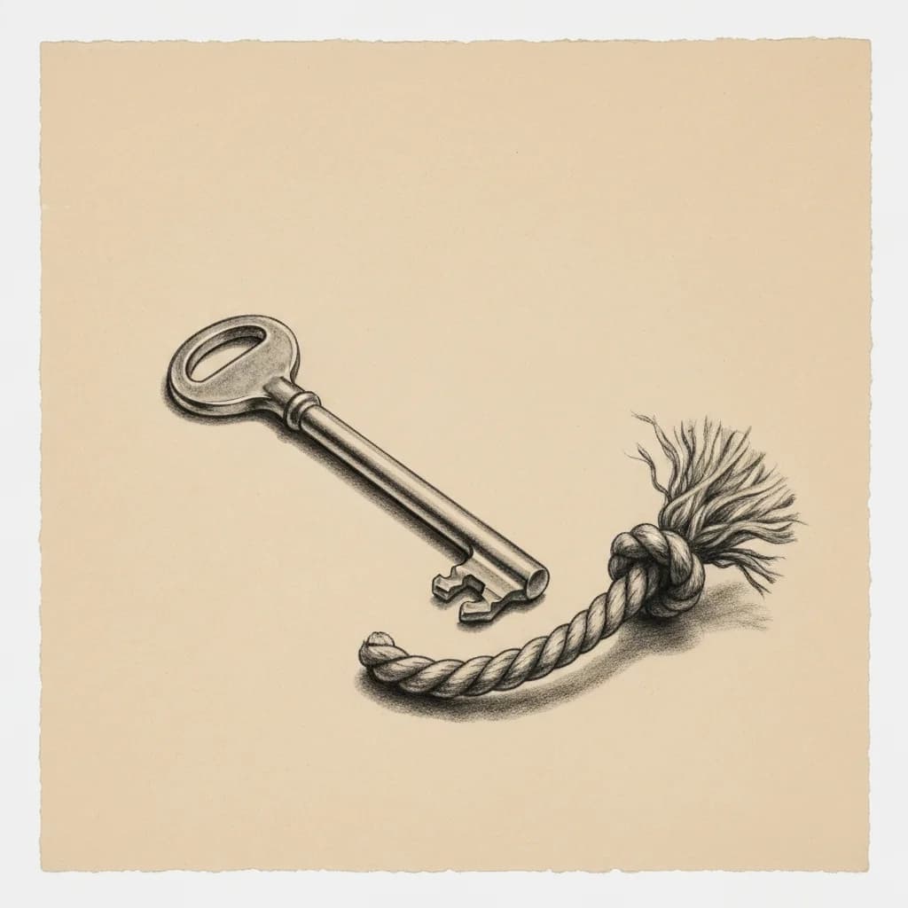 Charcoal drawing of a brass key beside a frayed rope end on a flat surface