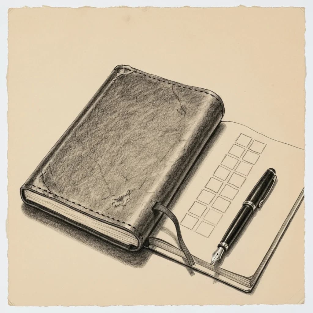 Charcoal drawing of an open leather notebook with a hand-drawn grid beside a fountain pen