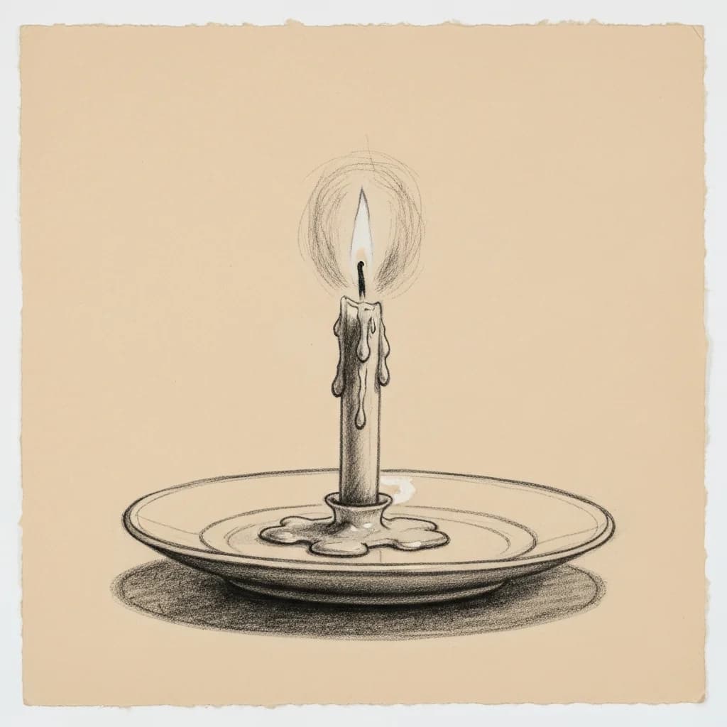 Charcoal drawing of a burned-down birthday candle on a ceramic plate