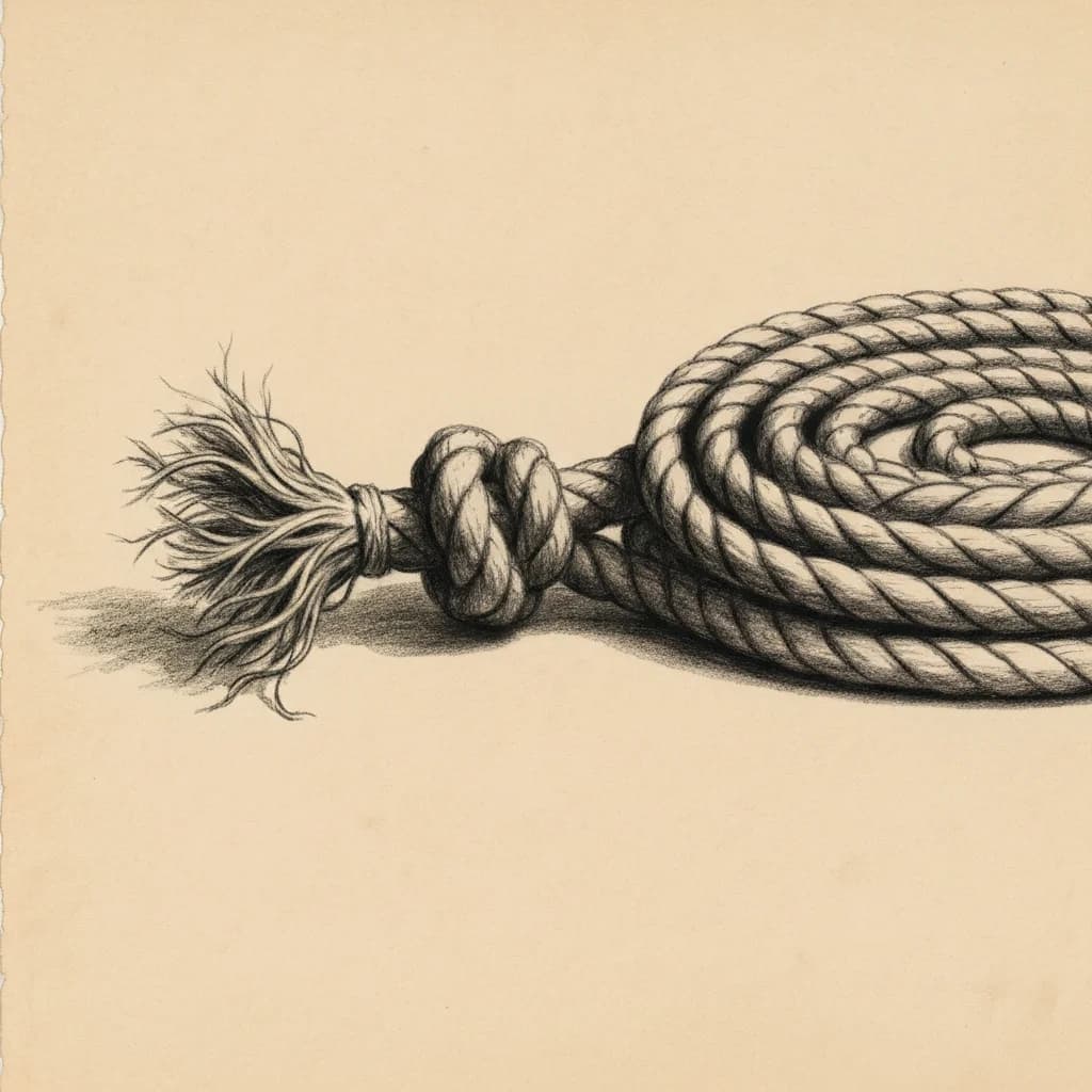 Charcoal drawing of a frayed rope end beside a coiled length of rope