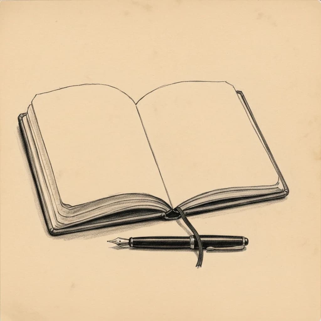 Charcoal drawing of an open blank notebook lying beside a fountain pen