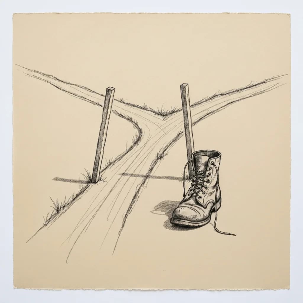 Charcoal drawing of a worn leather boot beside two wooden stakes marking a forked path