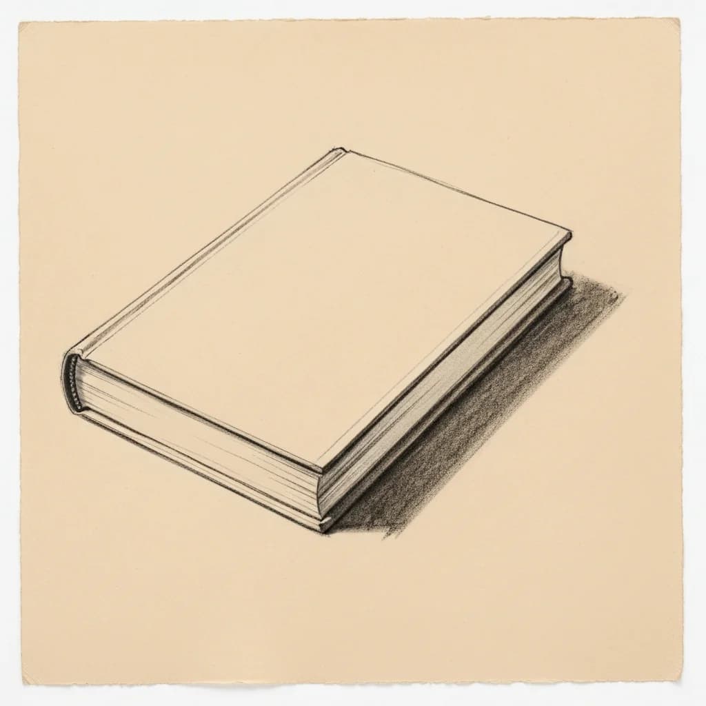 Charcoal drawing of a single closed hardcover book lying flat on a bare surface