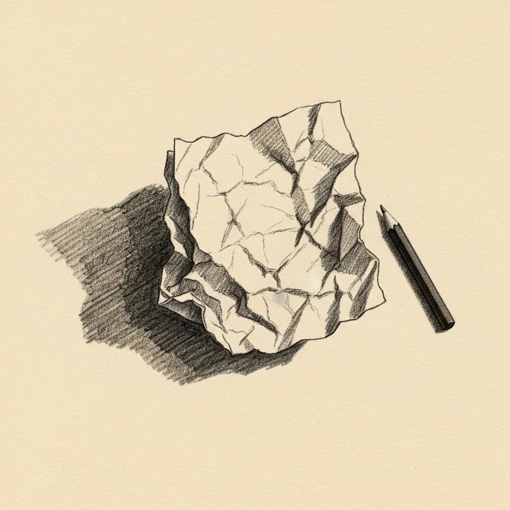 Charcoal drawing of a crumpled blank sheet of paper on a flat surface with a charcoal pencil stub beside it