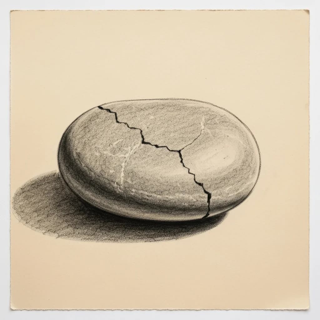 Charcoal drawing of a smooth pebble with a fine hairline crack running across its surface