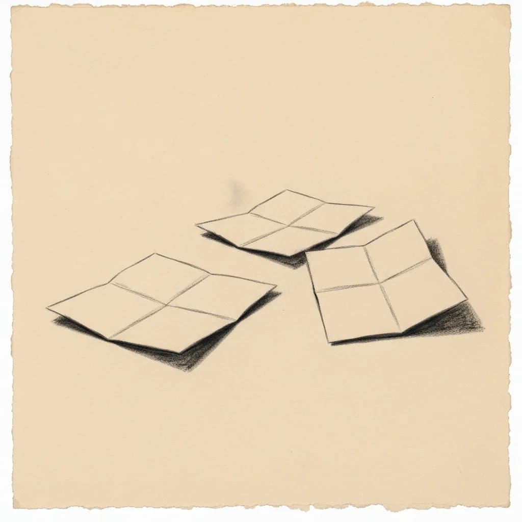 Charcoal drawing of three blank folded paper rectangles arranged in a row on a flat surface