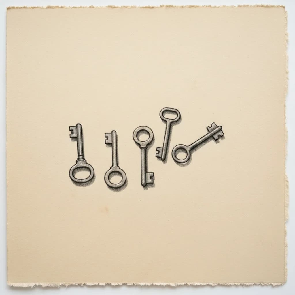 Charcoal drawing of seven small keys of different shapes arranged in a row