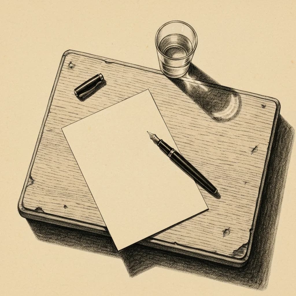 Charcoal drawing of a wooden writing desk with a blank sheet of paper and a fountain pen resting across it