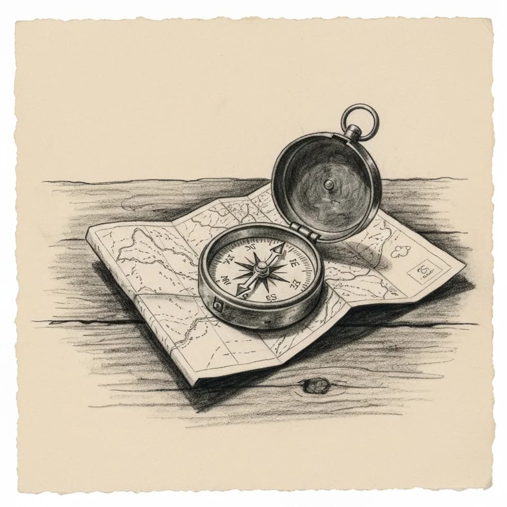 Charcoal drawing of a compass resting on a folded paper map