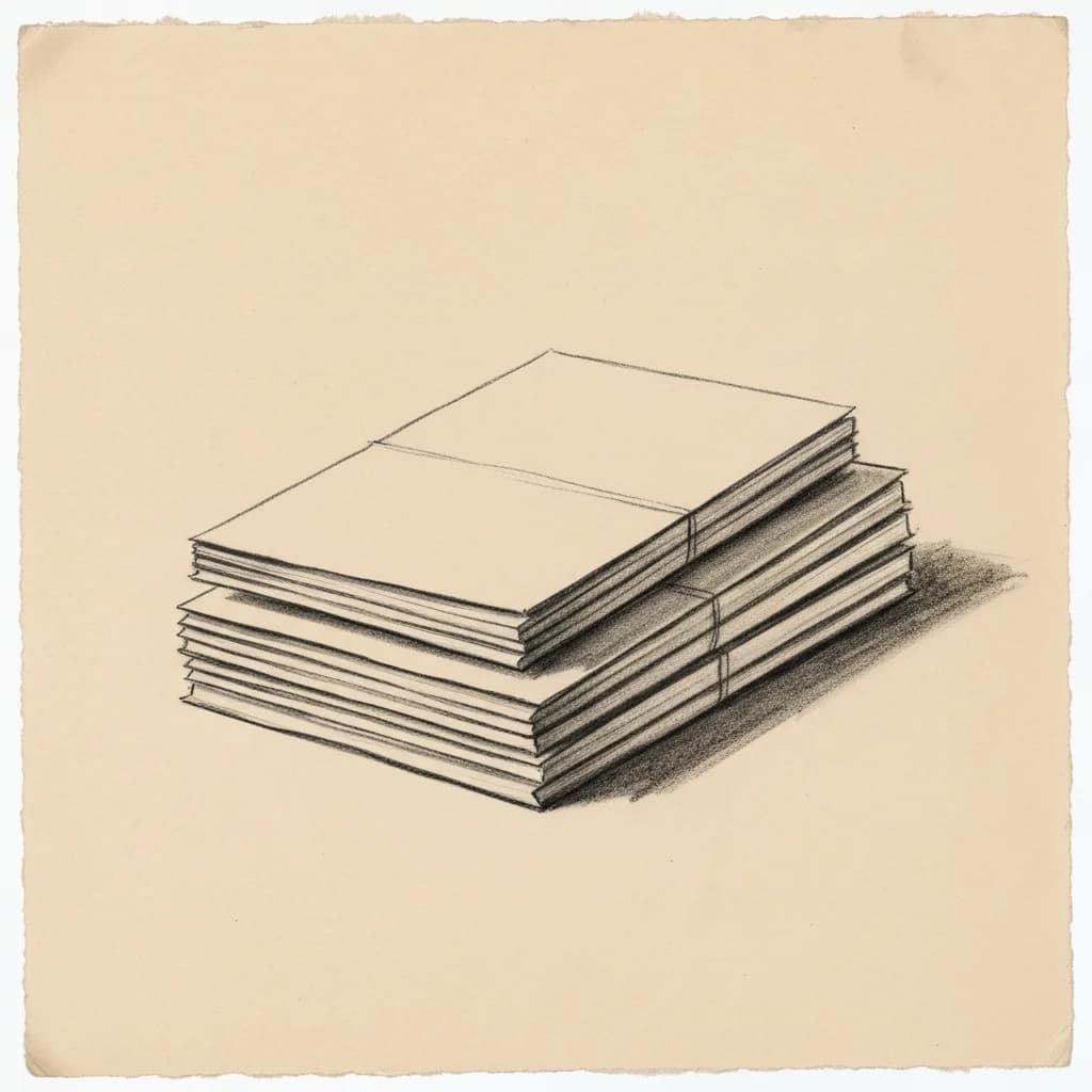 Charcoal drawing of a small stack of plain folded blank paper sheets
