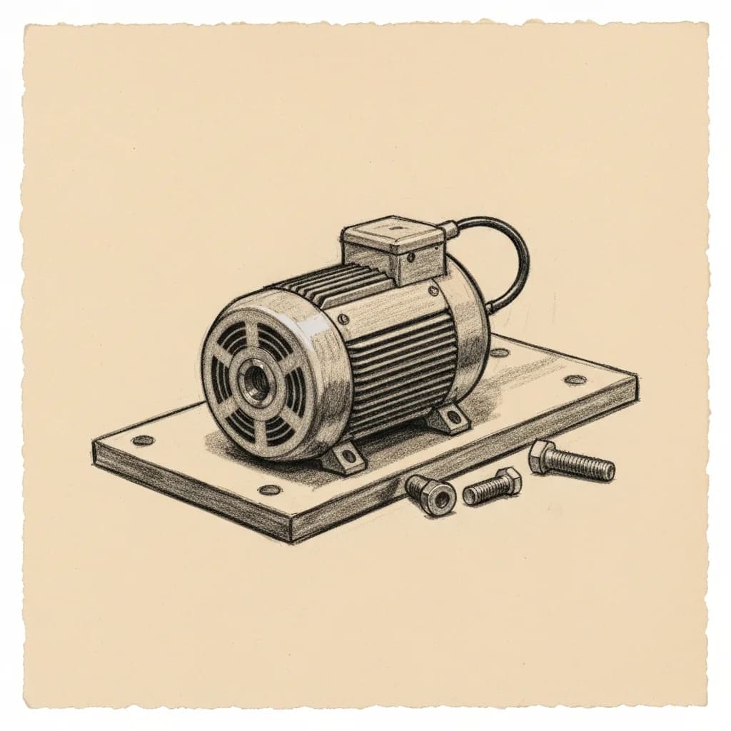 Charcoal drawing of a small cylindrical electric motor resting on a workshop bench beside loose bolts