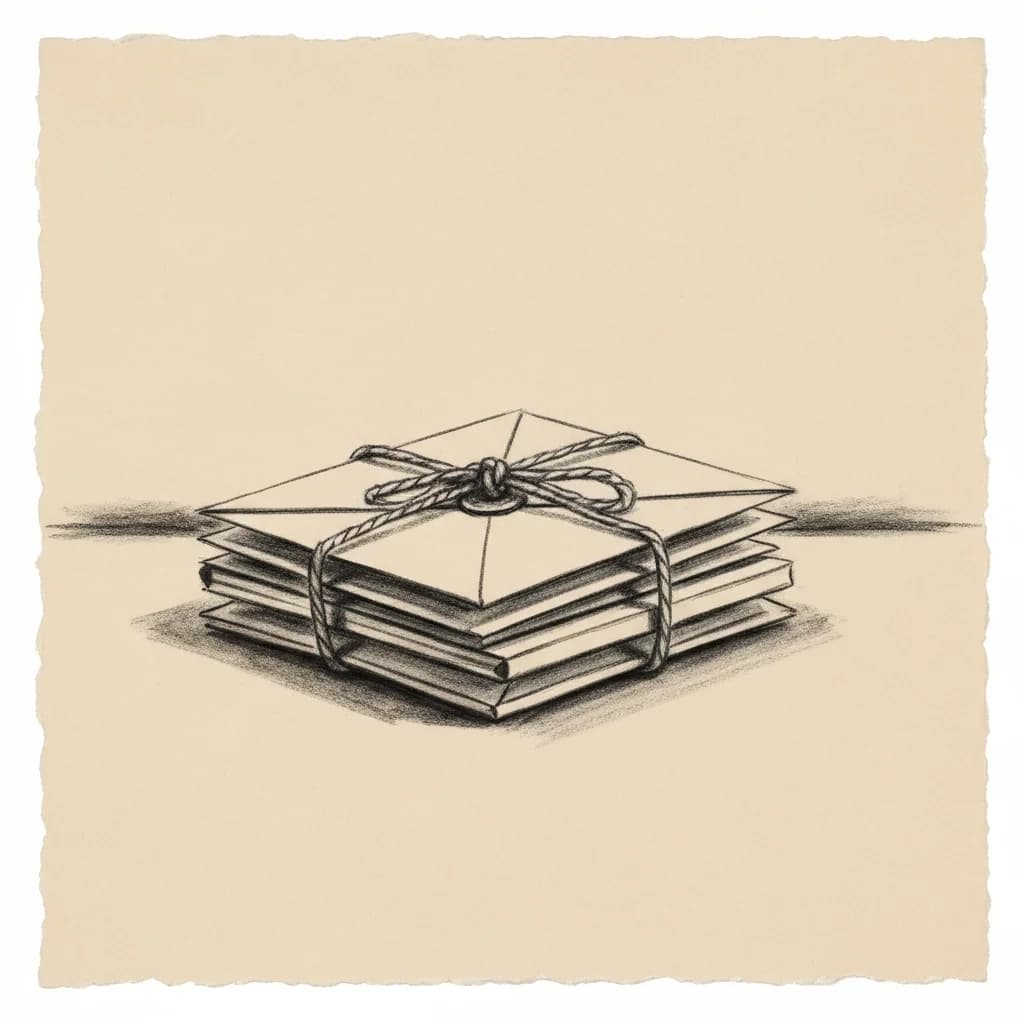 Charcoal drawing of a small stack of folded letters tied with twine