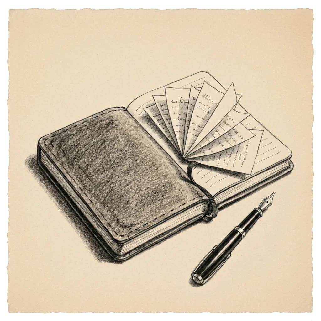 Charcoal drawing of an open leather notebook with a fountain pen and folded notes tucked between the pages