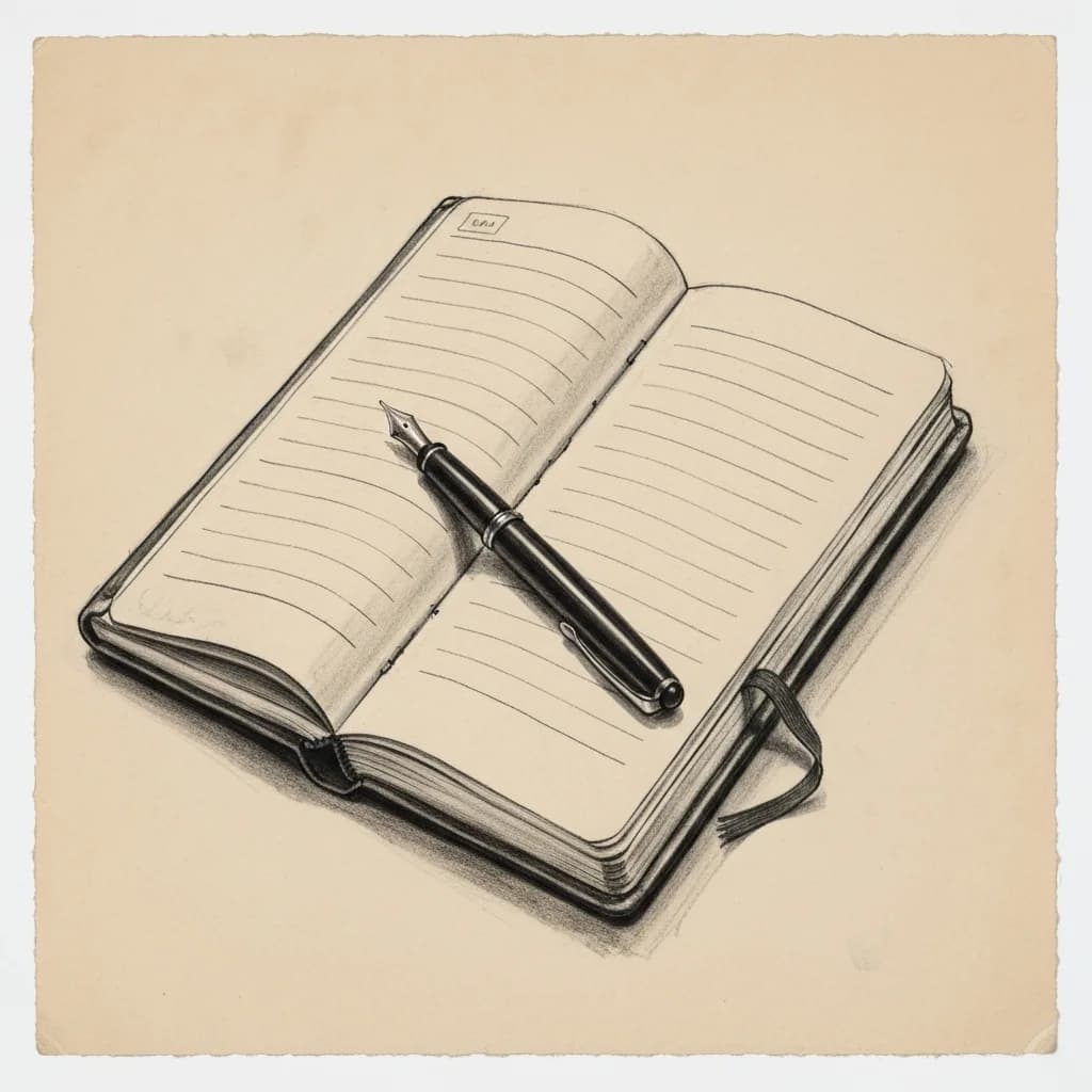 Charcoal drawing of an open leather notebook with a fountain pen resting across the page