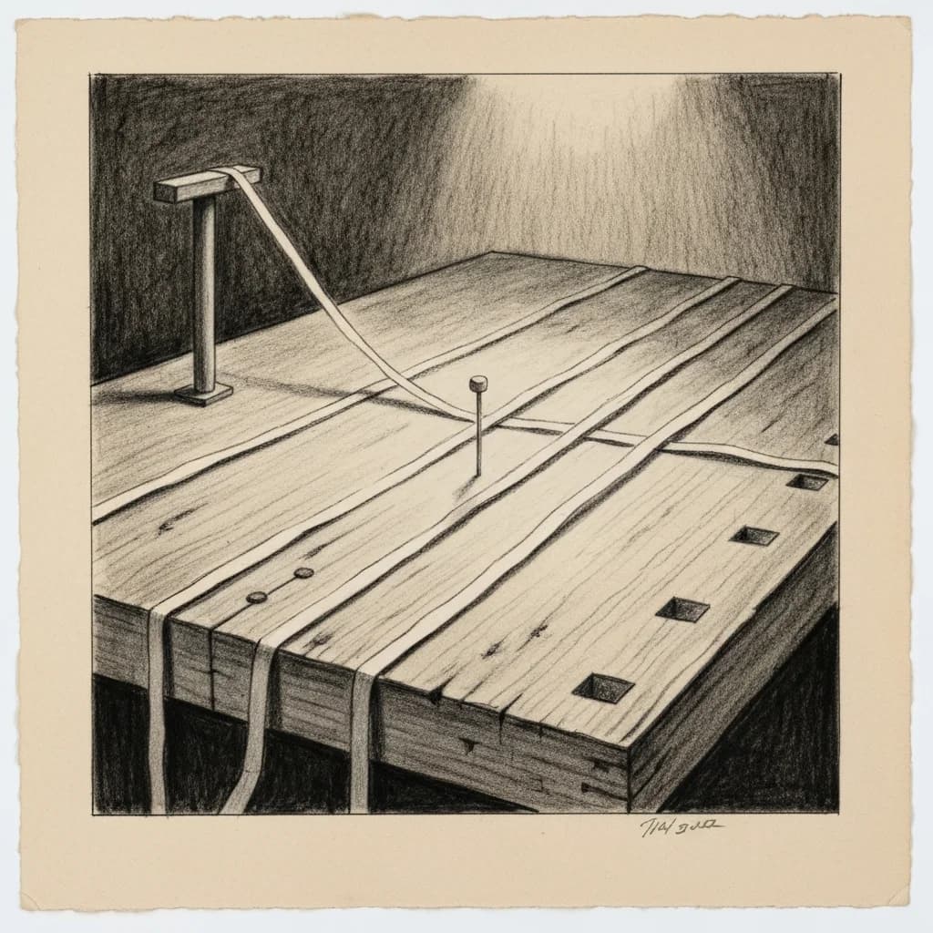 Charcoal drawing of a wooden workbench under a single overhead light, a desk lamp casting its glow on a quiet, weathered surface