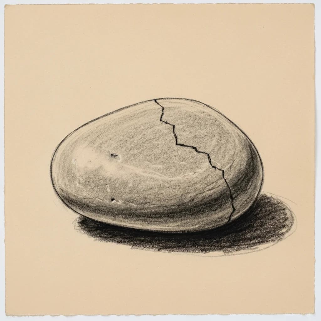 Charcoal drawing of a smooth pebble with a hairline crack running across its surface
