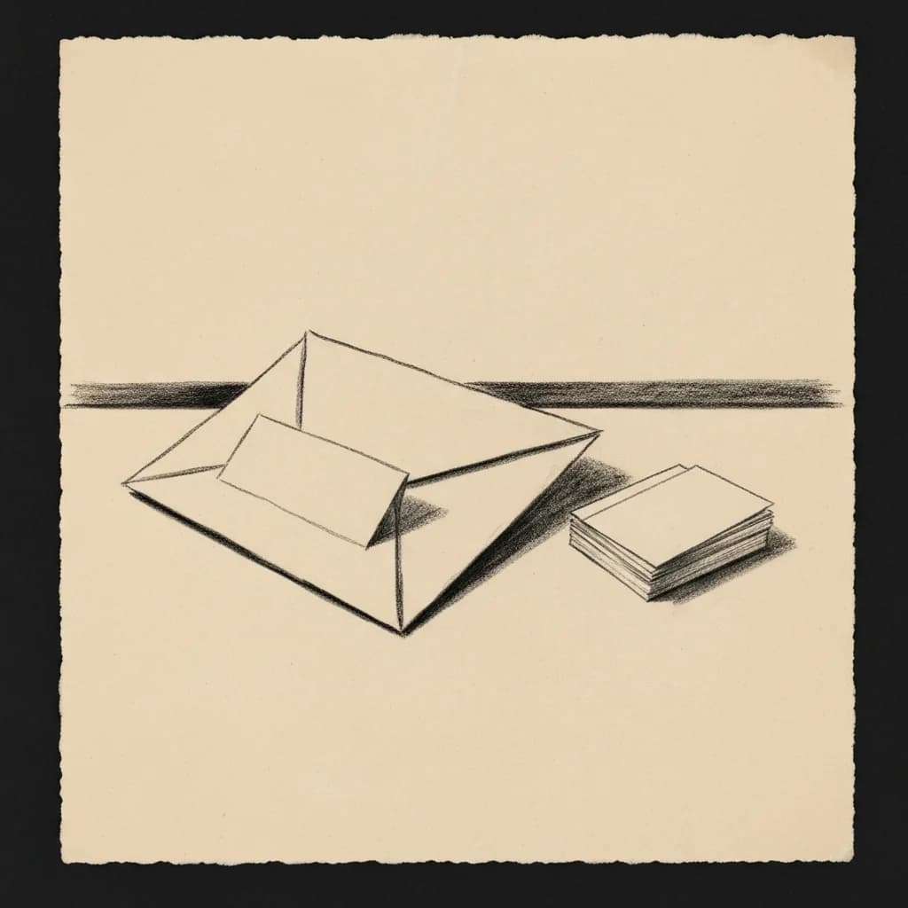 Charcoal drawing of a folded letter resting beside a small stack of blank cards on a desk