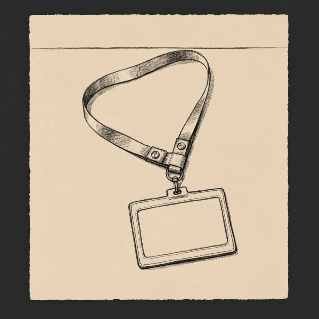 Charcoal drawing of a blank festival lanyard and empty badge holder on a flat surface