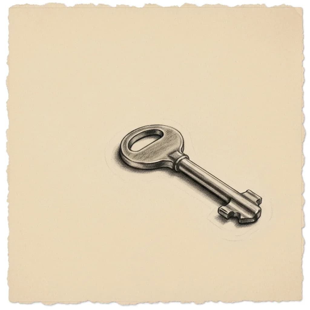 Charcoal drawing of a single brass key on a flat surface