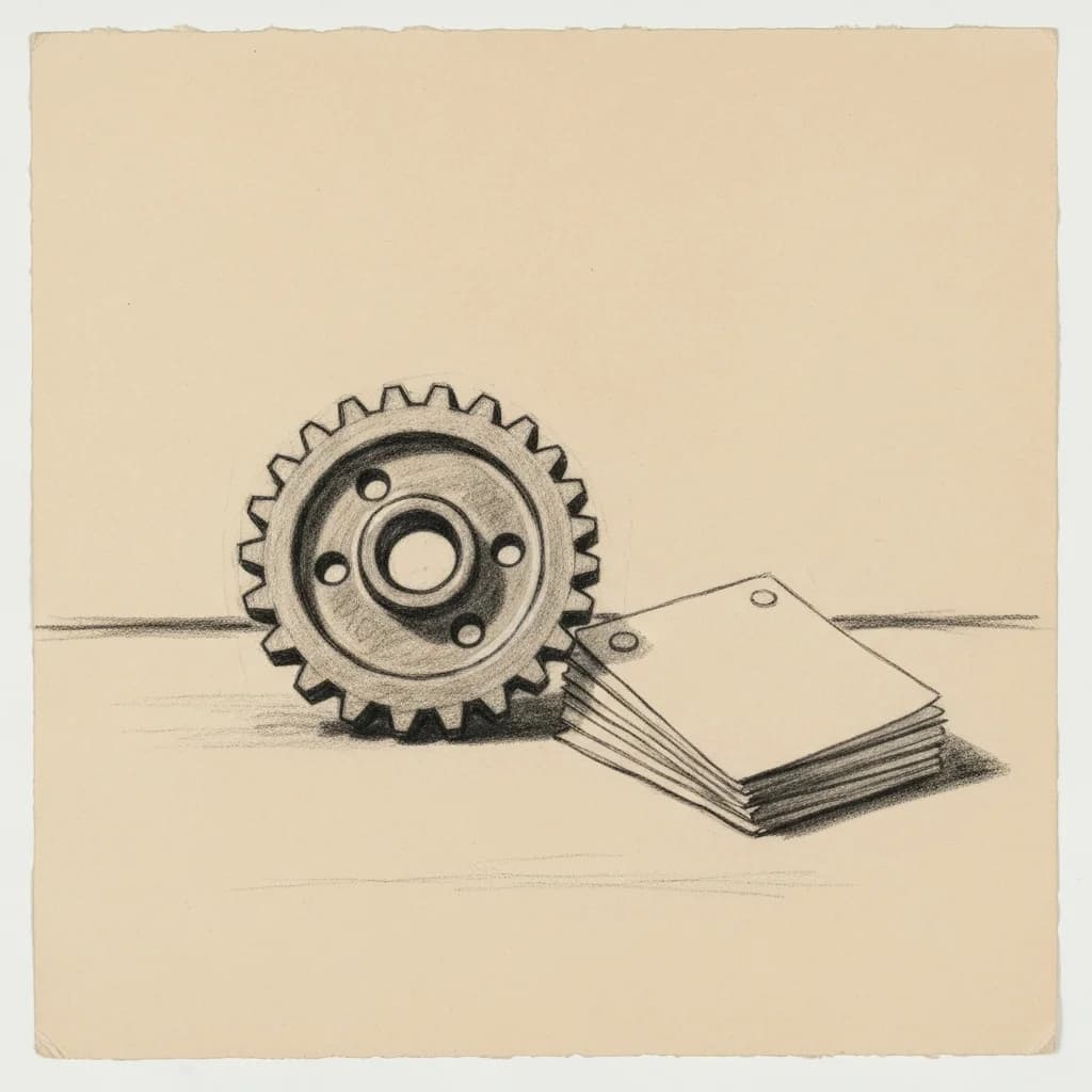 Charcoal drawing of a mechanical gear beside a blank stack of index cards
