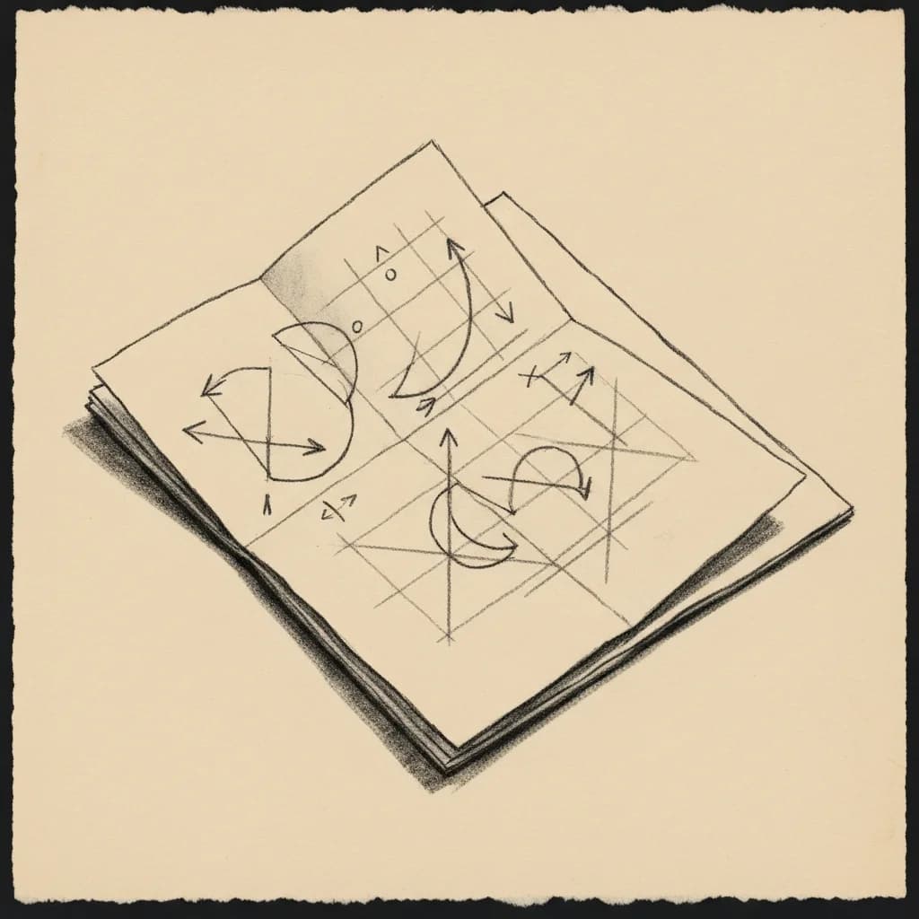 Charcoal drawing of a folded diagram sheet with geometric shapes, arrows, and pencil cross-outs