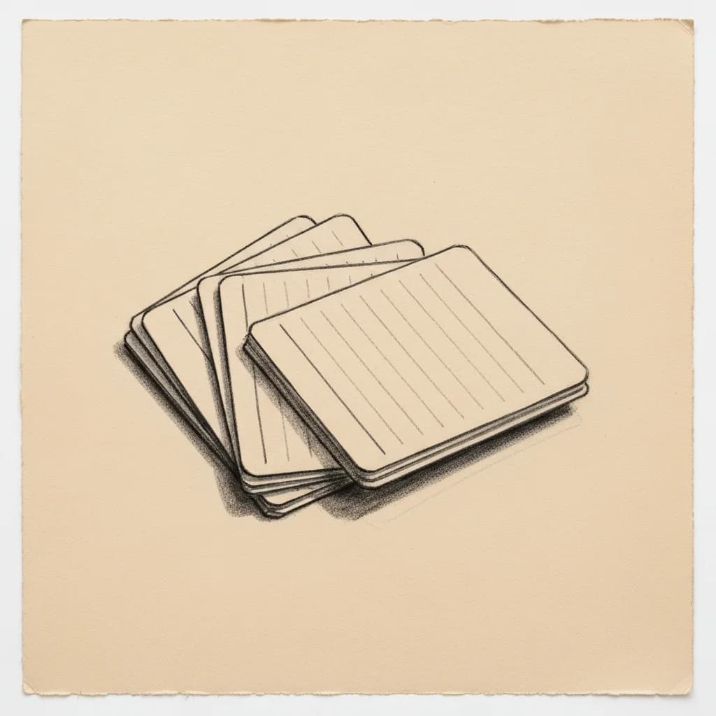 Charcoal drawing of a fanned stack of ruled index cards on a flat surface